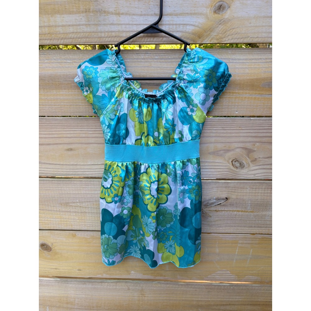 Speechless Womens Floral Babydoll Top Blue Green Retro Y2K Empire Waist Large